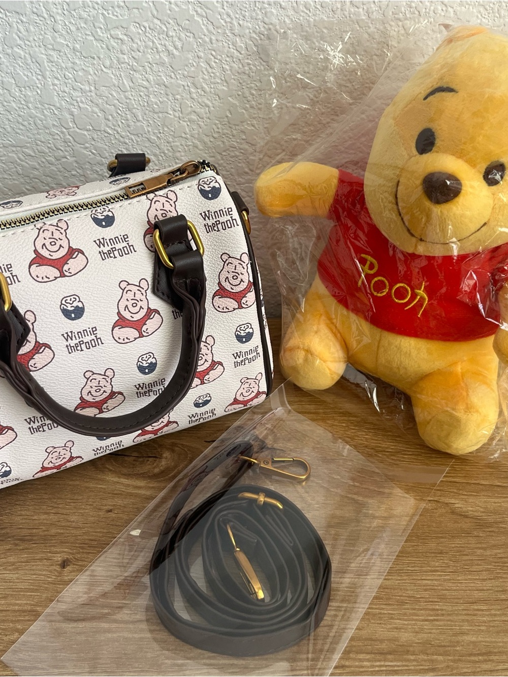 Winnie the Pooh Faux Leather Crossbody Satchel Bag & New Sealed Plush Bundle Set